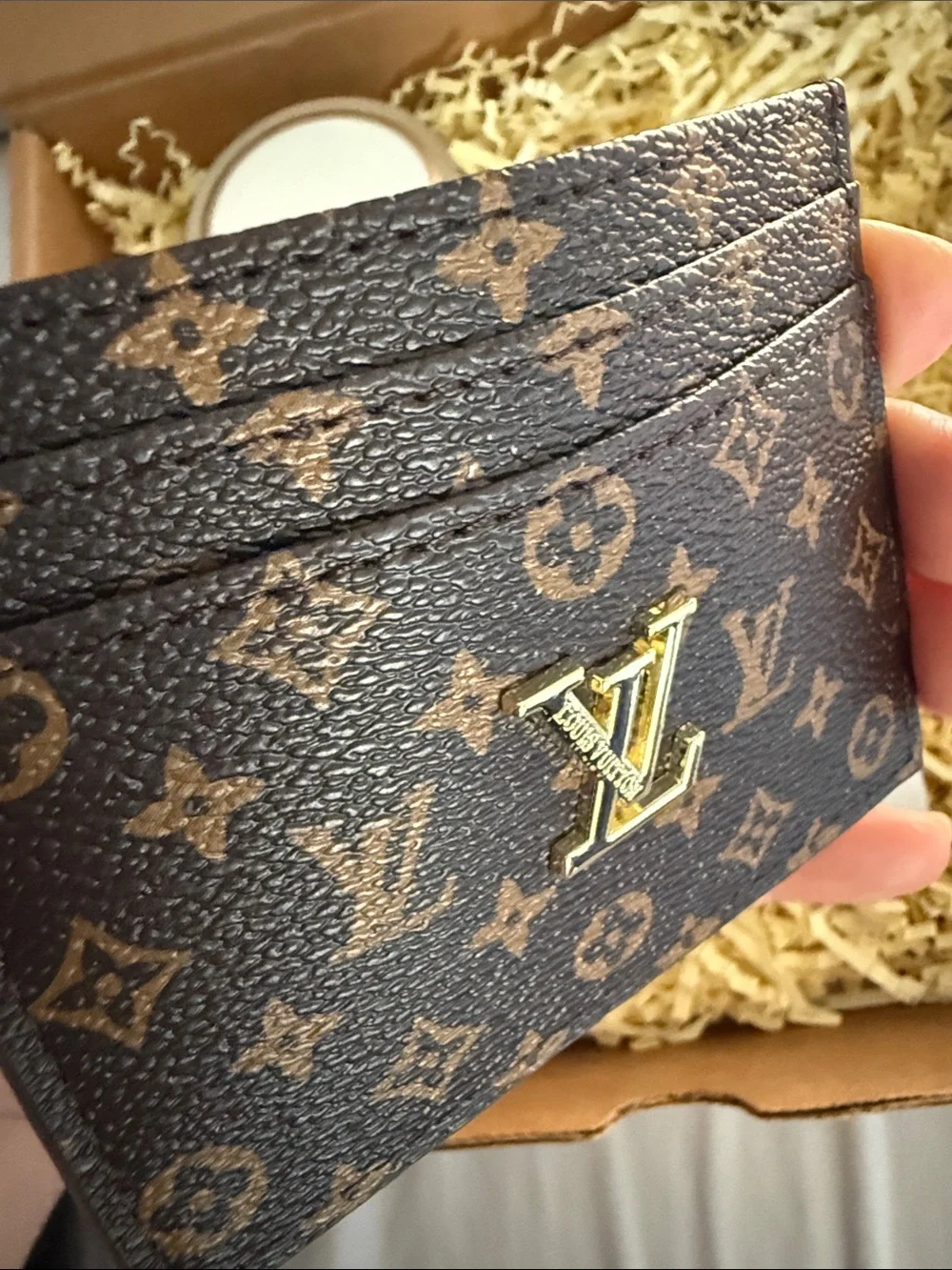 Brown Monogram Canvas Card Holder with Gold Logo